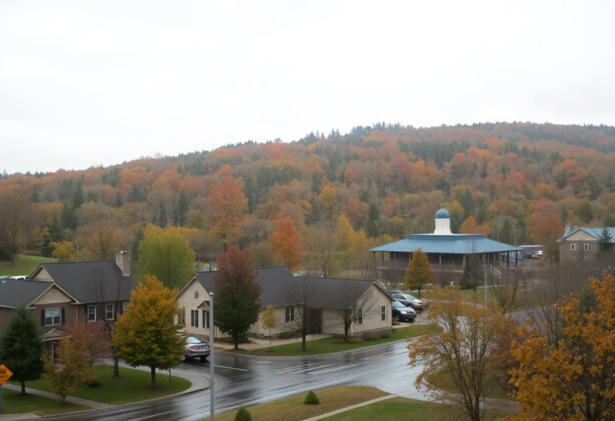 A view of Rock Hill with autumn trees in the rain on a chilly day.