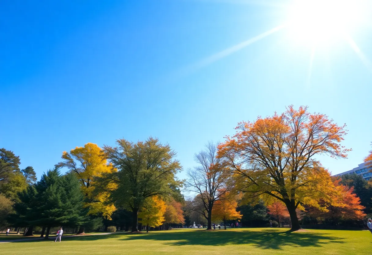 Sunny day in Rock Hill SC with clear skies and people enjoying outdoor activities.