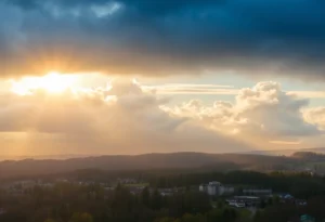 A landscape image of Rock Hill, SC showing mixed weather with rain and sun.