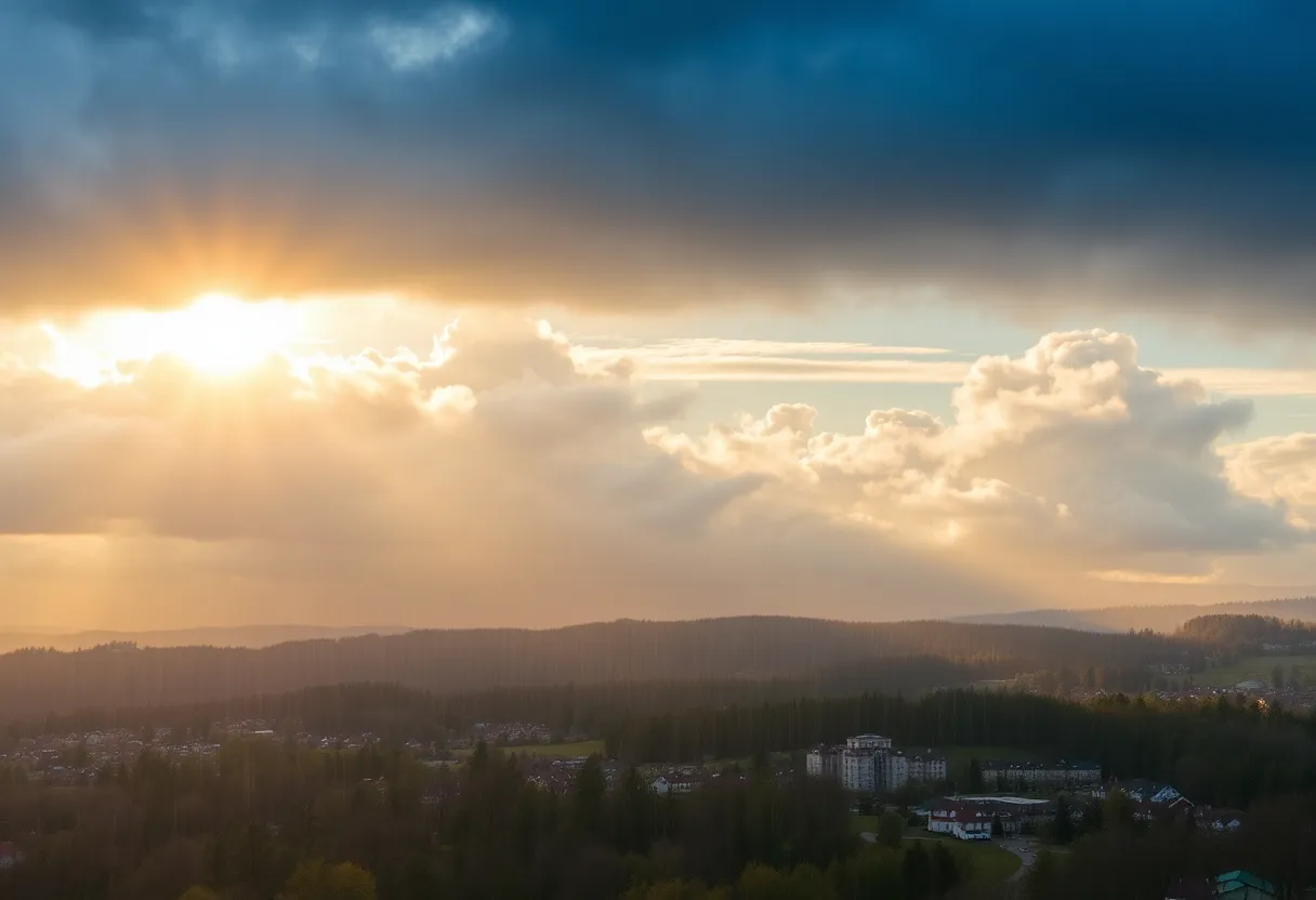 A landscape image of Rock Hill, SC showing mixed weather with rain and sun.