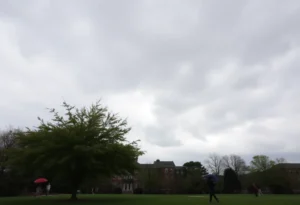 Cloudy morning in Rock Hill, SC with people carrying umbrellas.