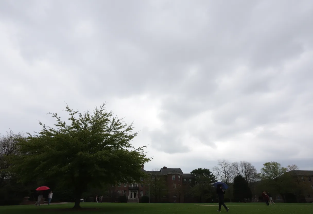 Cloudy morning in Rock Hill, SC with people carrying umbrellas.