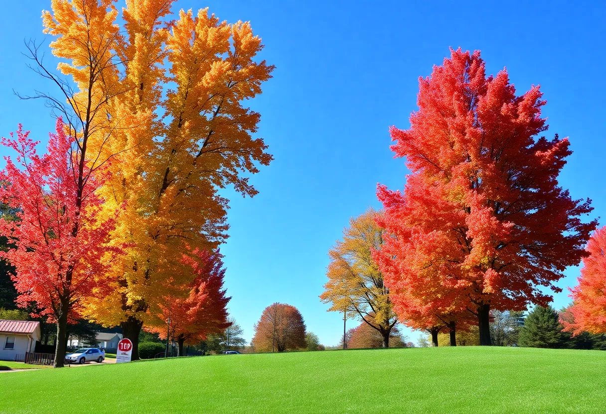 View of a sunny day in Rock Hill, SC with clear skies and fall leaves