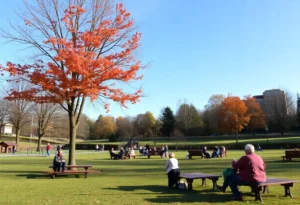 Rock Hill park with clear skies and autumn colors