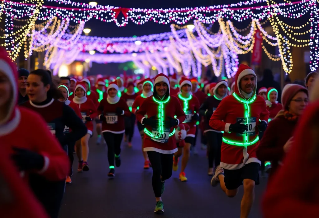 Participants in Christmas costumes at the Night Run