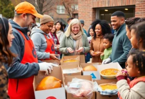 Volunteers distributing Thanksgiving meal kits to families in Rock Hill