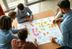 A team working together to create a user journey map for digital marketing strategy.