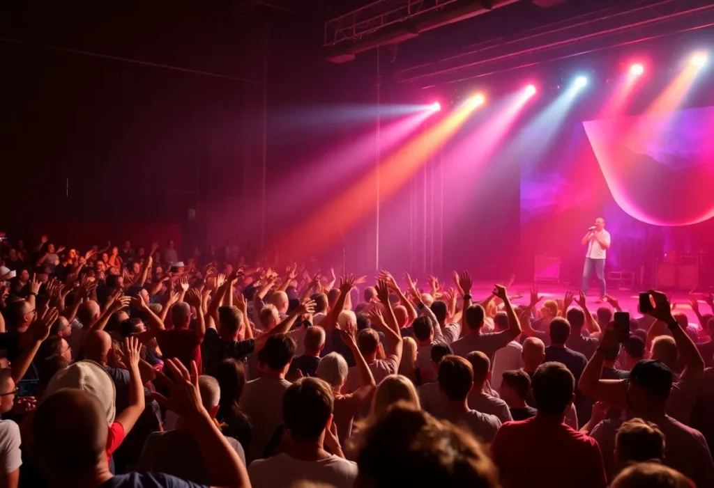 A lively concert scene featuring Warren Zeiders performing at Mohegan Sun Arena.