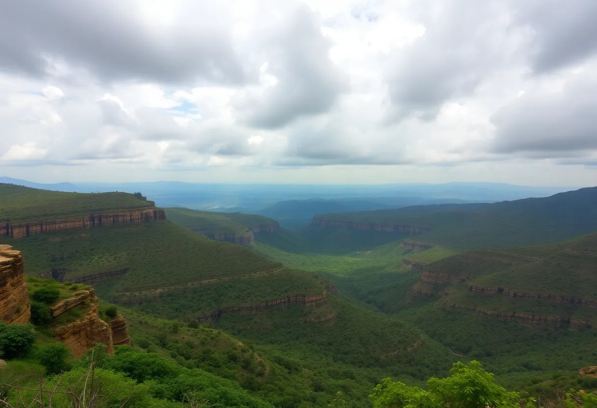 A panoramic view of the Aravalli hills showing elevated terrains and lush surroundings.