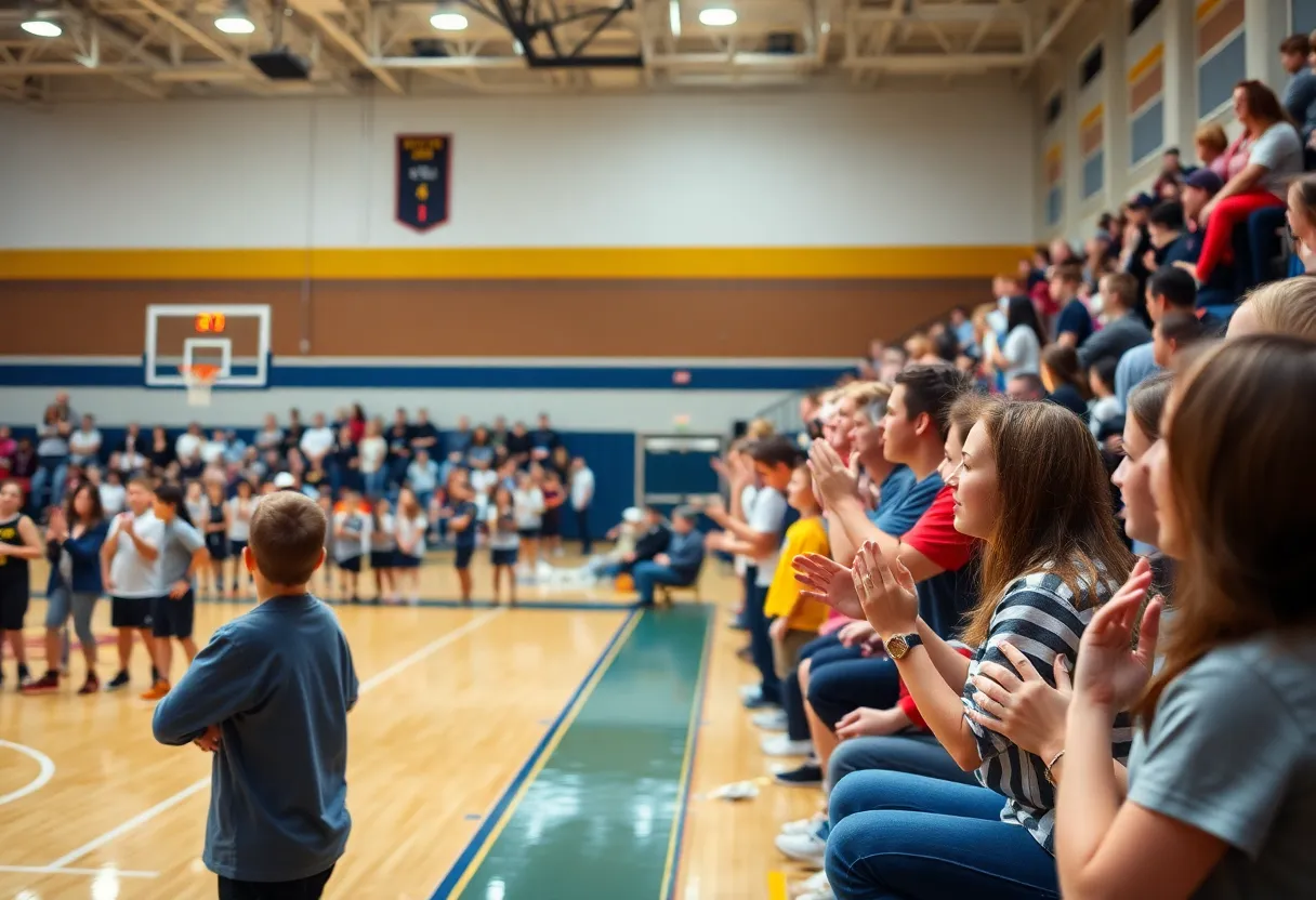 Fans cheering during a high school basketball game between Dreher Blue Devils and York Cougars.