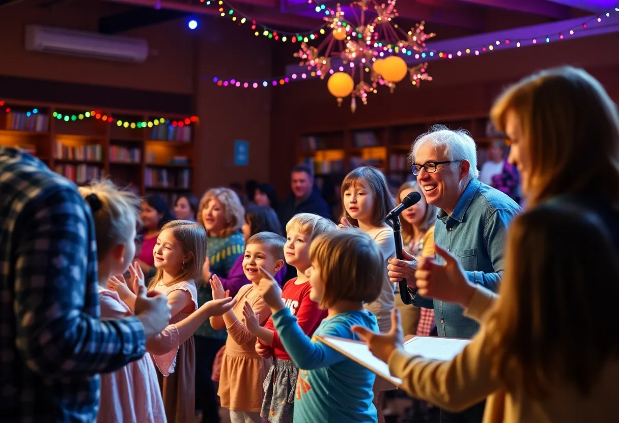 Families enjoying a concert by Brady Rymer at a public library.