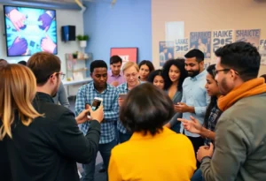 A diverse group engaging with a brand narrative in a digital marketing setting.