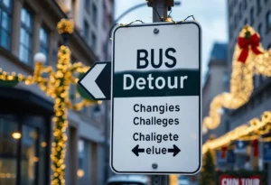 Sign indicating bus detour for ChristmasVille in Rock Hill