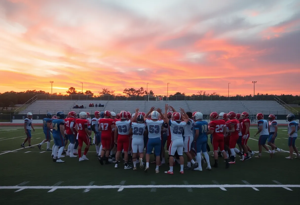 High school football players celebrating on the field at sunset