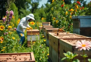 Beekeepers tending to hives in Charleston with honeybees and a yellow-legged hornet in the scene.