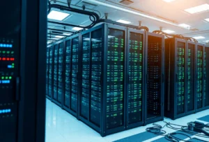 A high-tech data center in Charlotte with rows of servers and digital equipment.