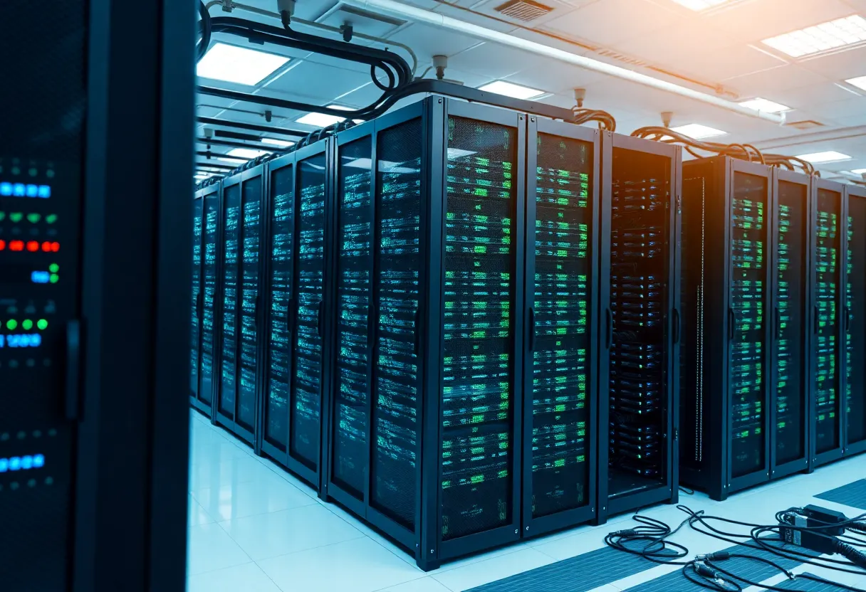 A high-tech data center in Charlotte with rows of servers and digital equipment.