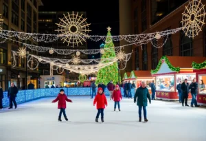 A vibrant holiday scene showing families and light displays in Charlotte, NC.