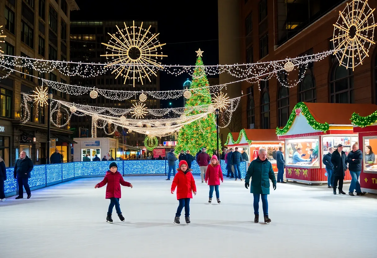 A vibrant holiday scene showing families and light displays in Charlotte, NC.