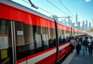 Charlotte light rail station with security measures in place.