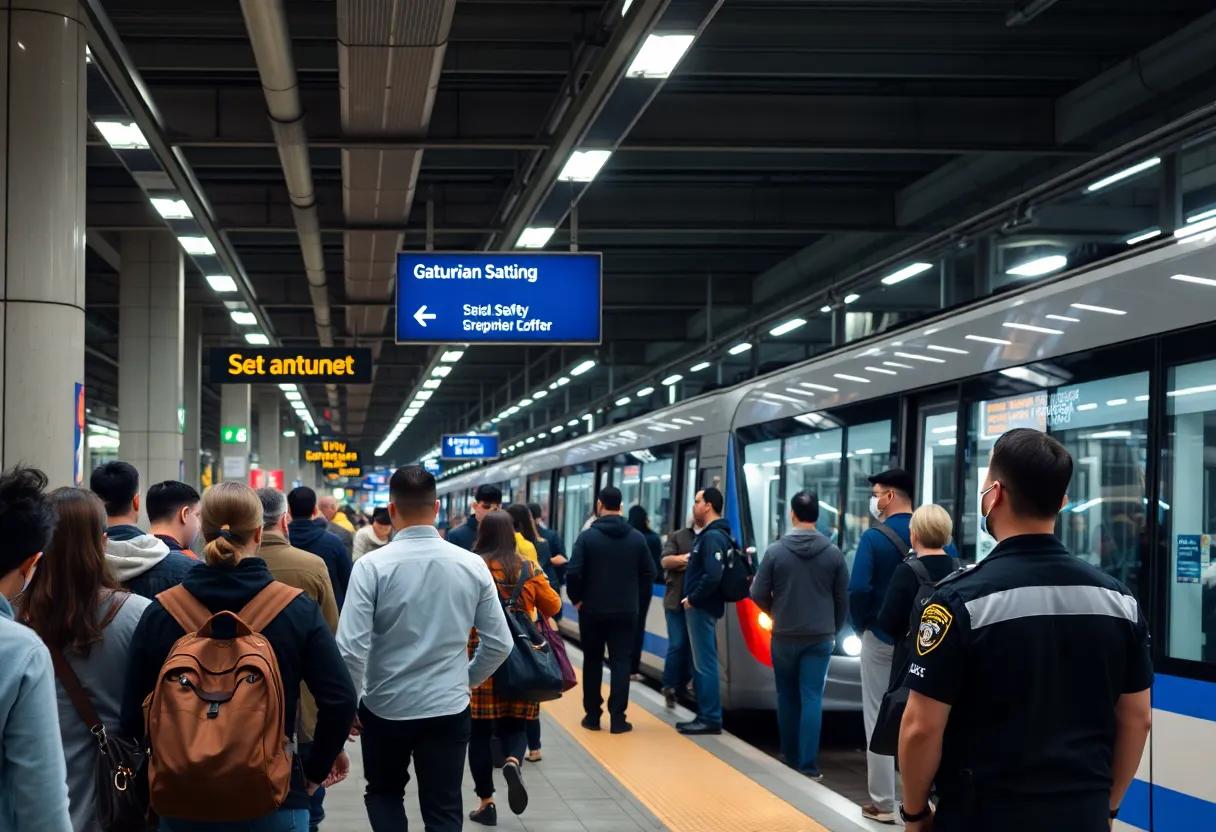 Commuters at Charlotte light rail station with visible security measures