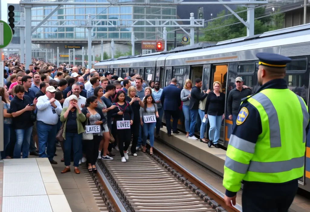Crowded Charlotte light rail with police presence