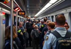 Passengers aboard a Charlotte light rail train with visible security presence