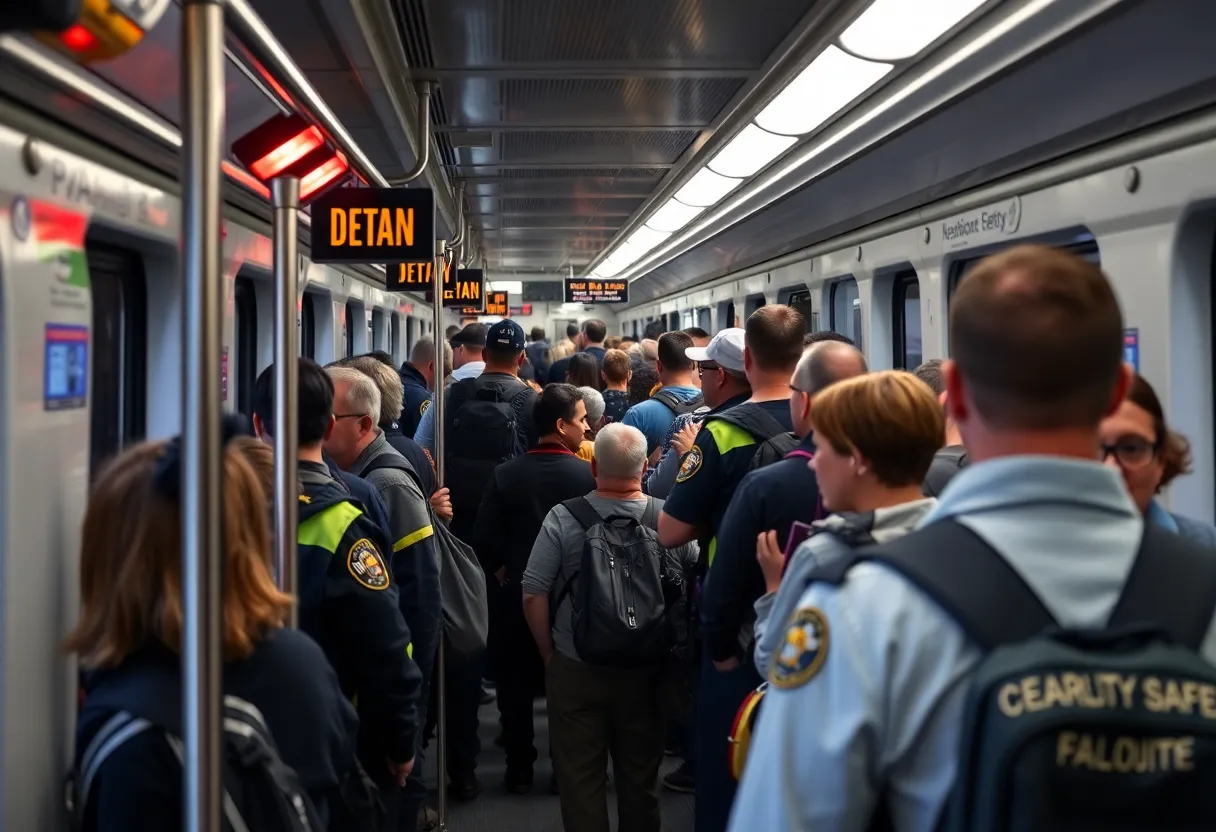 Passengers aboard a Charlotte light rail train with visible security presence