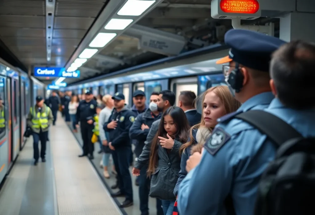 Concerned passengers at a Charlotte light rail train station