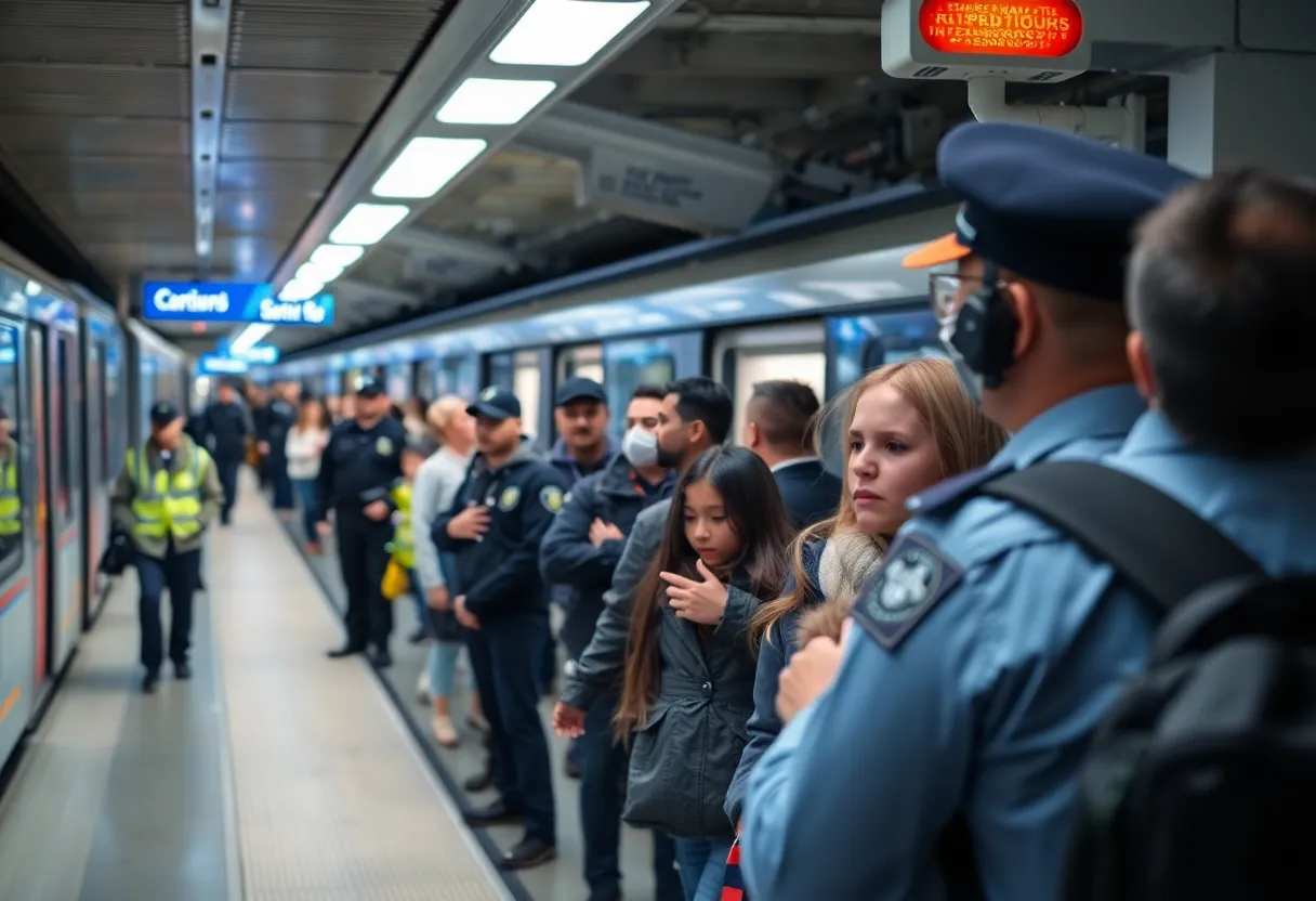 Concerned passengers at a Charlotte light rail train station