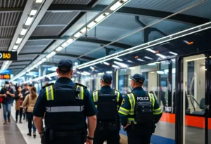 Passengers boarding the Charlotte light rail with security presence