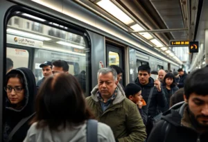 Light rail station in Charlotte with passengers looking concerned