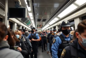 Police officers patrolling a light rail train in Charlotte