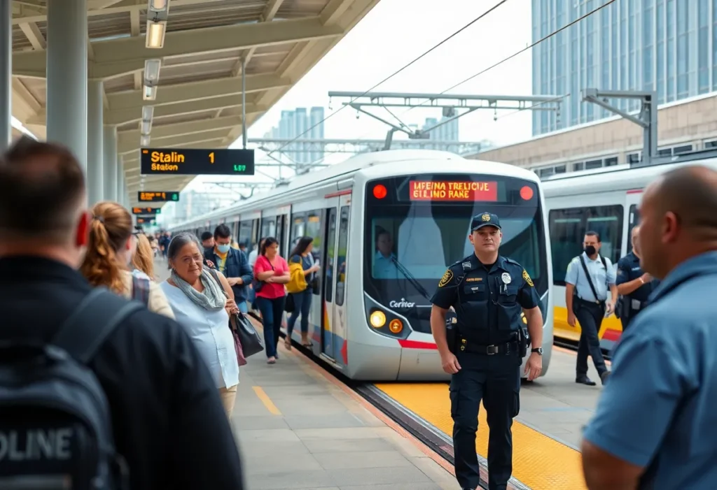 Charlotte light rail station with security personnel