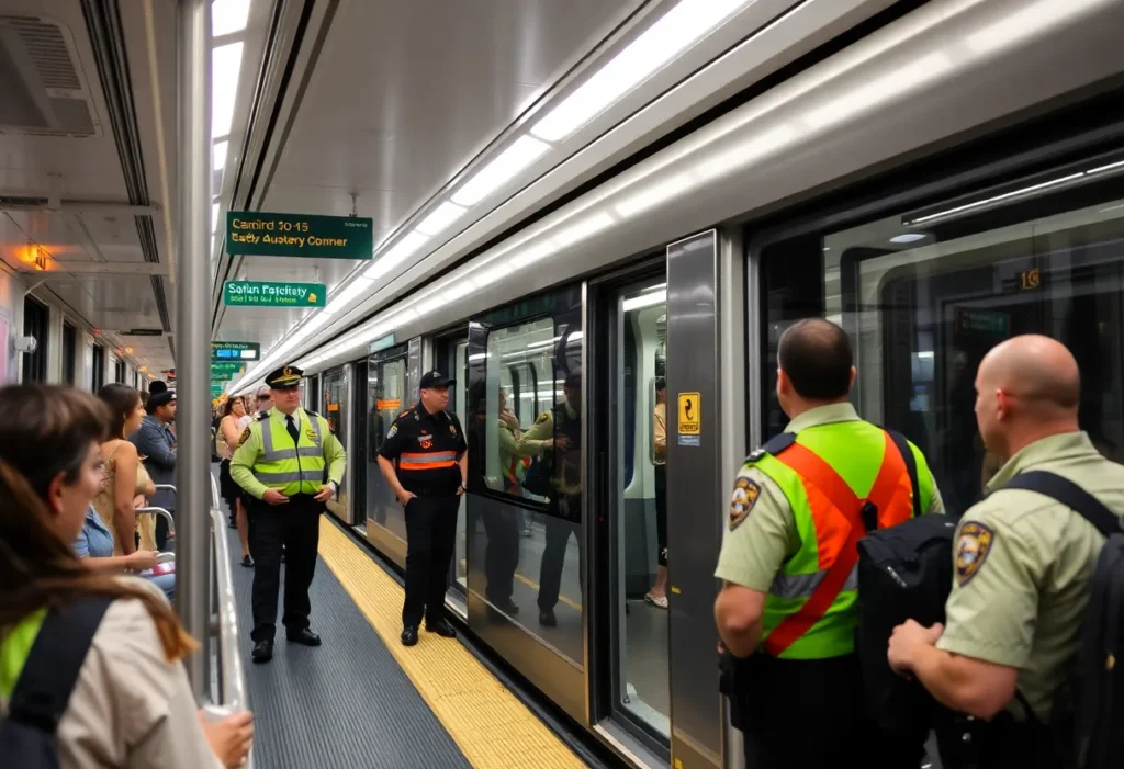 Charlotte light rail train with security personnel