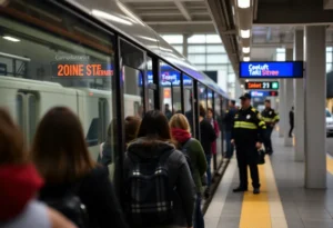 Busy Charlotte light rail station with commuters and security presence