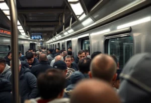 Commuters on Charlotte light rail with a focus on safety.