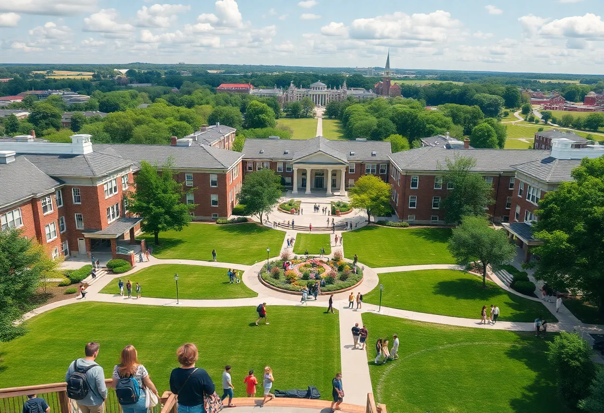 A view of Clemson University campus with students and buildings.