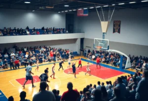 Coastal Carolina and Winthrop players competing in a basketball game