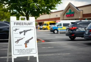 Emergency services in the Food Lion parking lot after an accidental shooting incident.