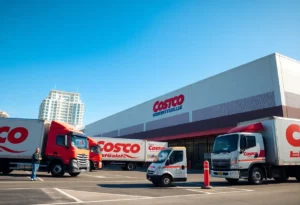 Costco distribution center with delivery trucks and workers