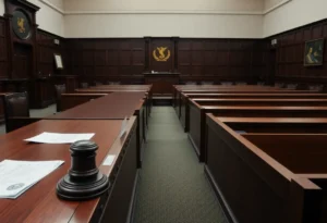 Courtroom scene depicting legal debates on reproductive rights