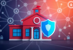 Illustration of a school building protected by a cybersecurity shield.