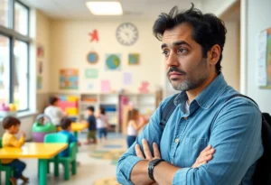 Parent observing daycare environment to ensure child safety