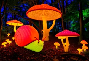Art installation featuring glowing snails and mushrooms in a woodland setting.
