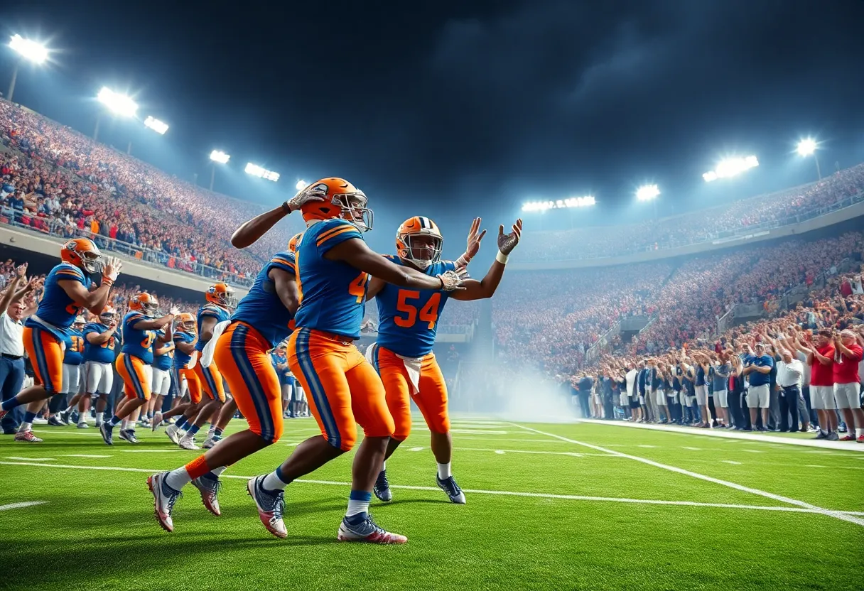 Duke University football players celebrating after scoring a touchdown in ACC Championship game.