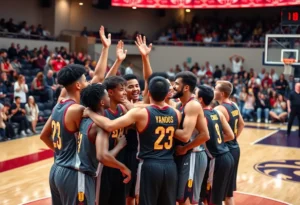 The East Mecklenburg Eagles basketball team celebrating their victory.