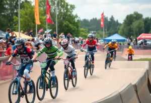 Competitors racing at the Elite BMX Championship in Rock Hill, SC