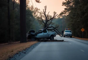 A pickup truck crashed into a tree on a South Carolina roadside