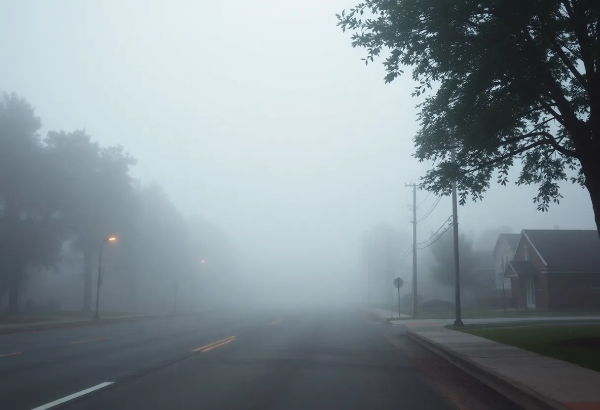 A dense fog covering a street in Rock Hill, South Carolina